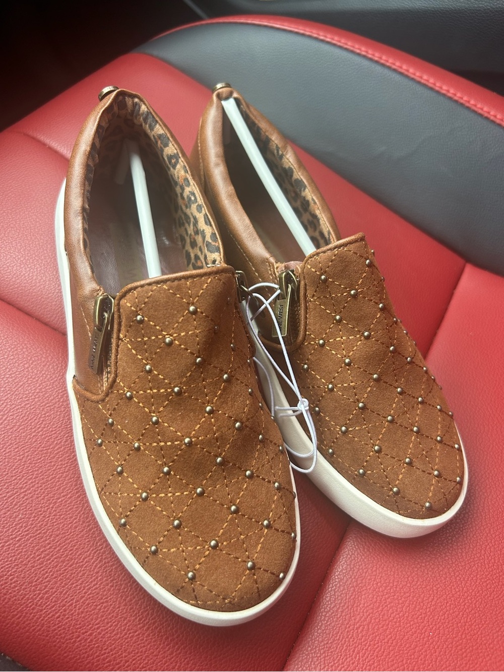 Nine West Quilted Studded Slip-On Flats - Tan